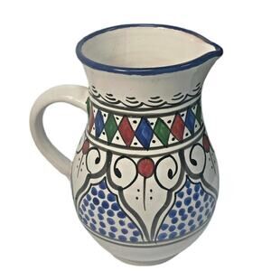 Thrown Pottery Pitcher Bachmara Tunisia Qt Blue White Multi Hand Painted Signed